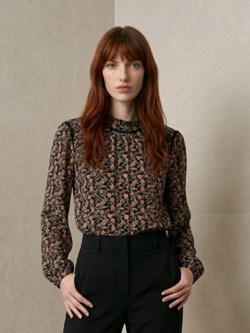 LOFT Black Floral Mock-Neck Blouse with Pink and Green Accents